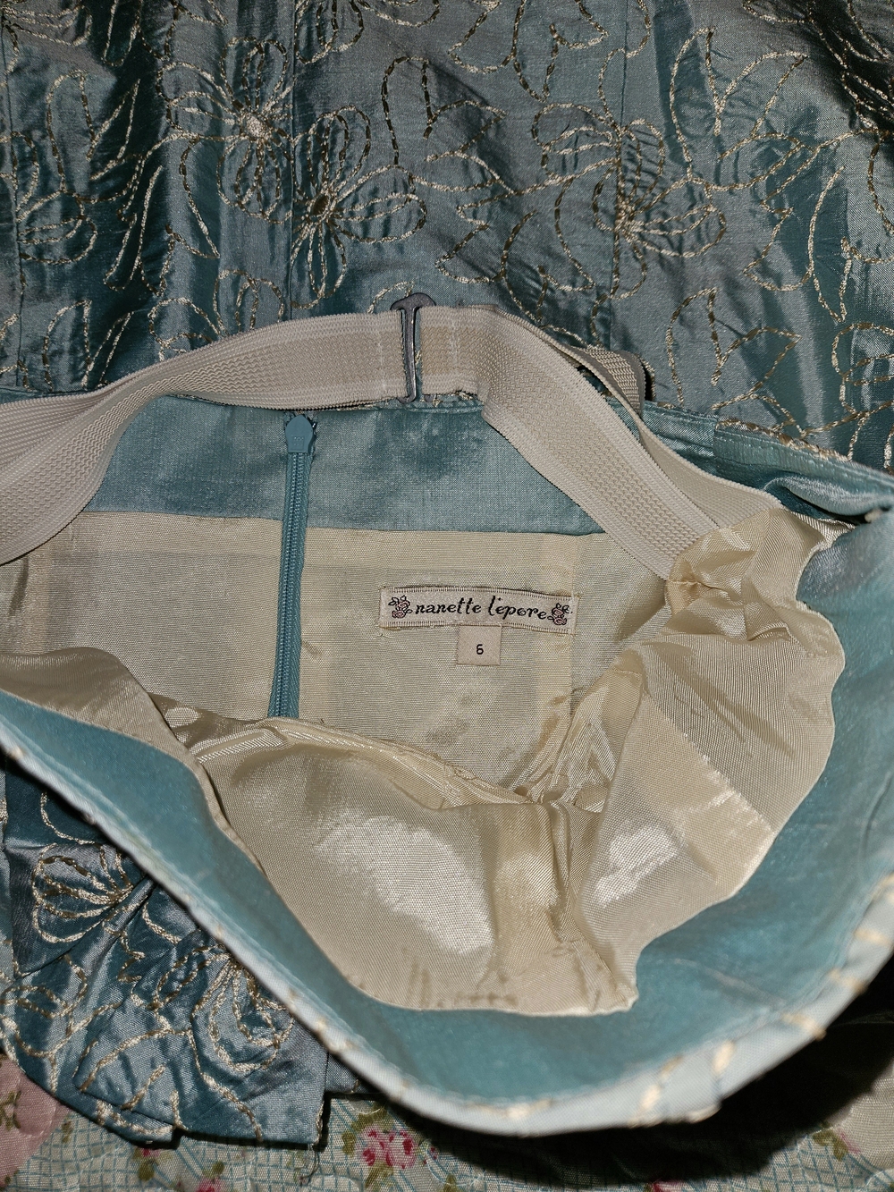 Light Blue Floral Brocade Strapless Dress - Picture 6 of 12